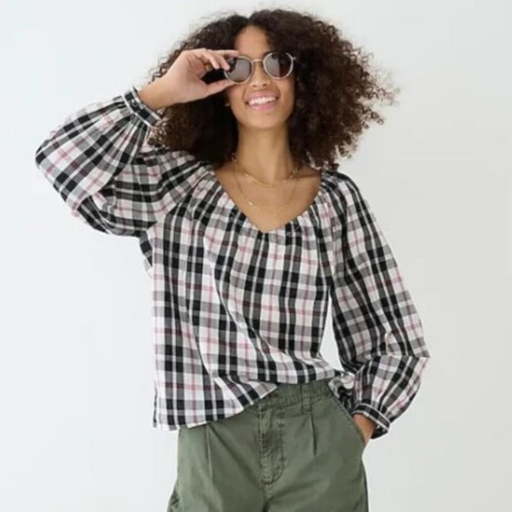 J. Crew Black Plaid V-Neck Open Back Tie Top - XS NWT Checkered Blouse BL093